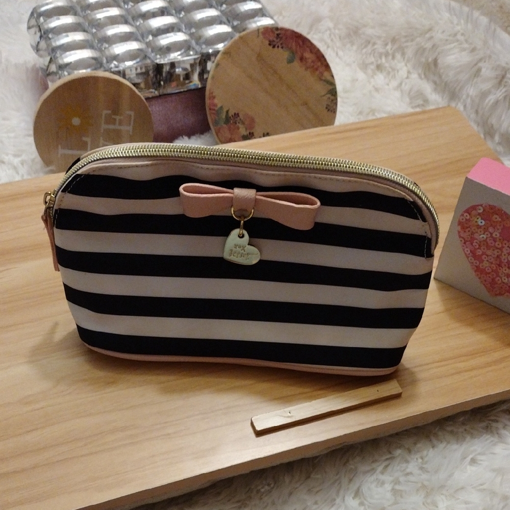 Betsey Johnson Black/White Striped Cosmetic Pouch
